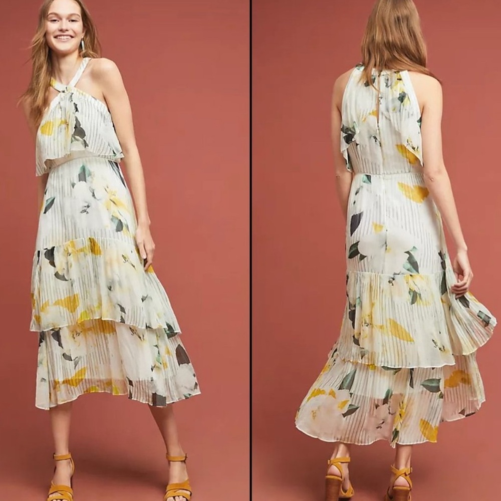 Anthropologie Green and Yellow Tiered Halter Dress